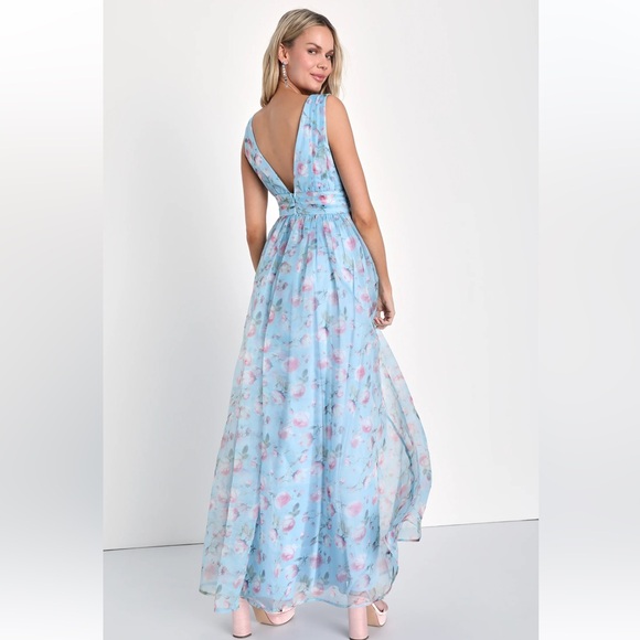 NWT Lulu’s-Garden Romance Light Blue Floral Print Organza Maxi Dress,medium - Picture 2 of 6